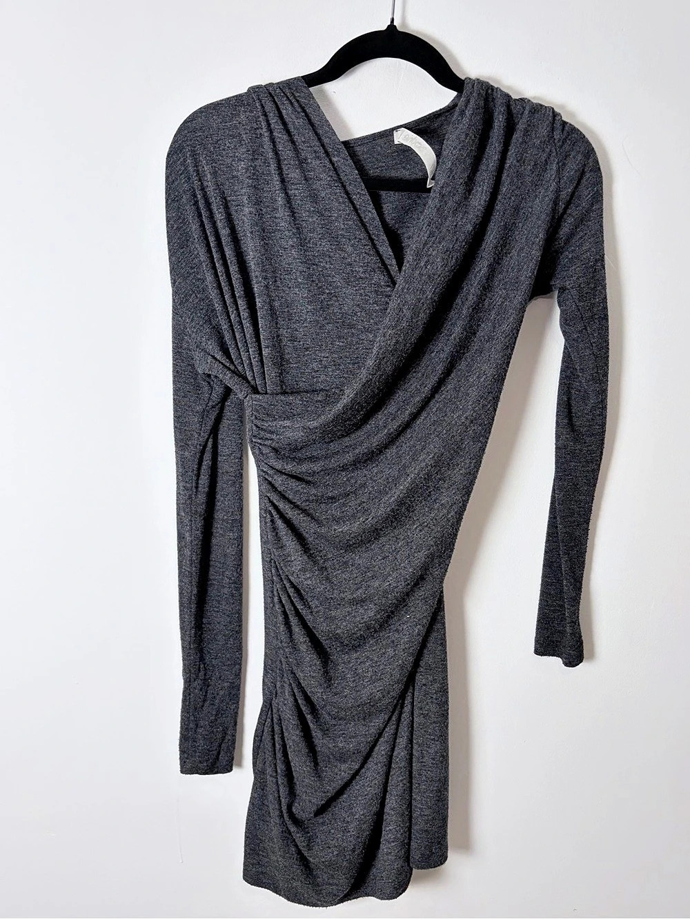 Lola & Sophie Charcoal Gray Draped Faux Wrap Long Sleeve Dress XS